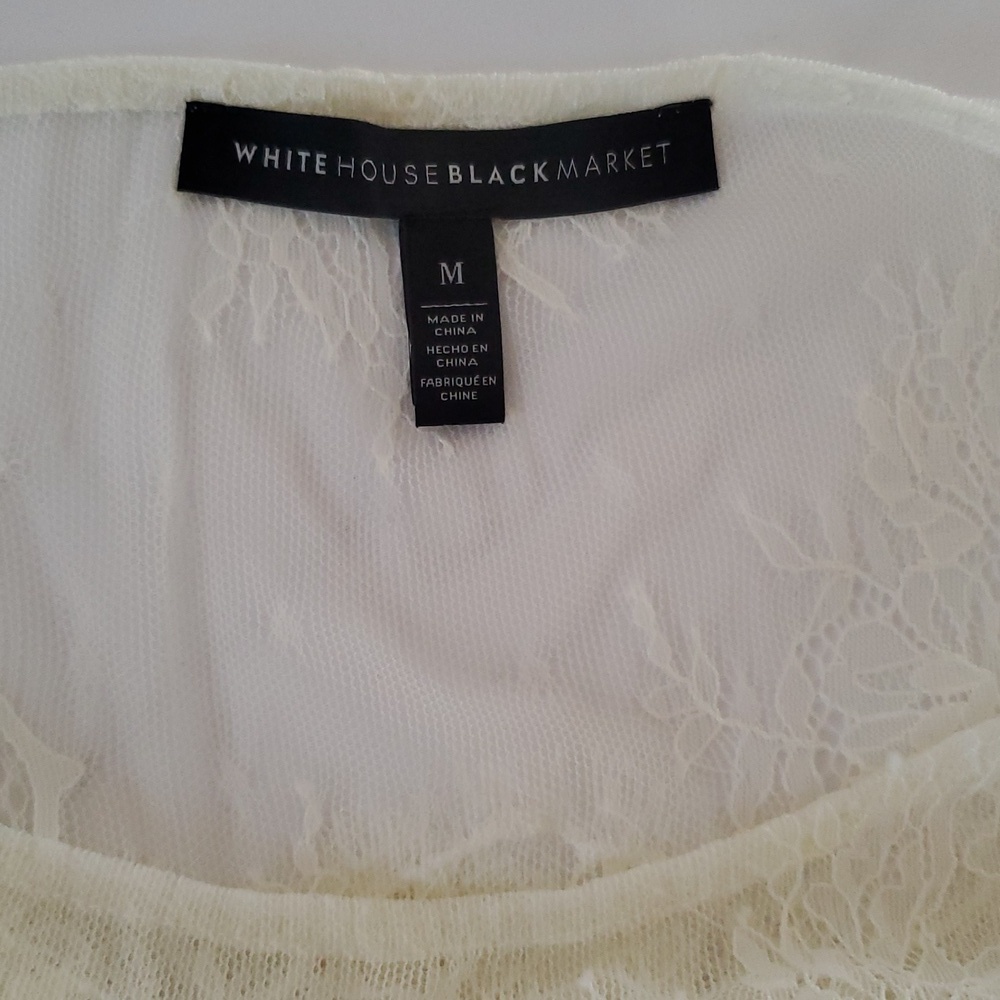 White House Black Market Ivory Long Sleeve Lace Blouse Lined Round Neck Size M - Picture 6 of 9